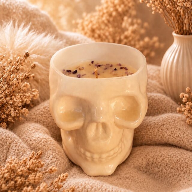 Witte Mystic Soul skull kaars met amethiststeentjes