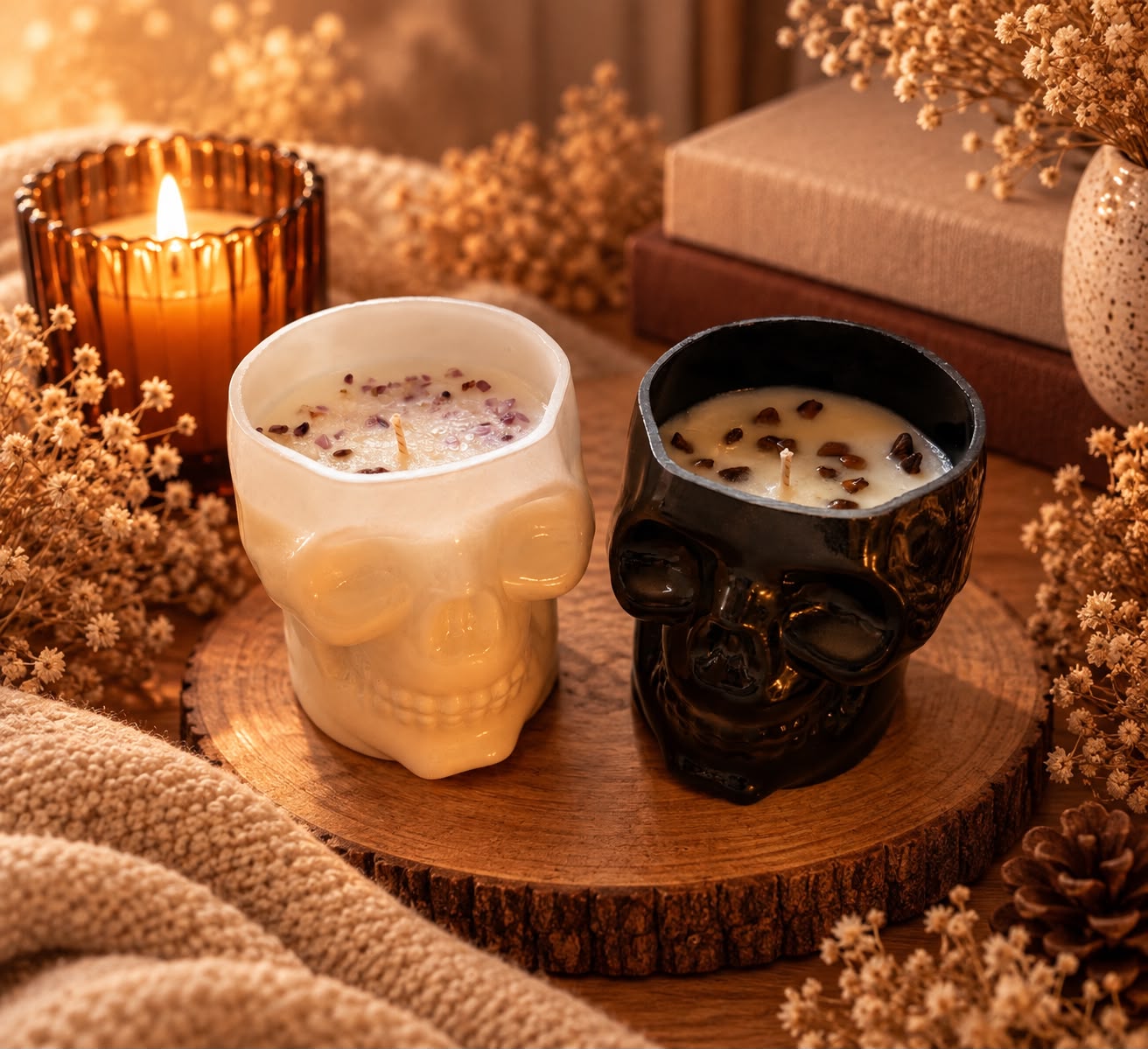 Witte en zwarte Mystic Soul skull kaarsen in warme sfeer