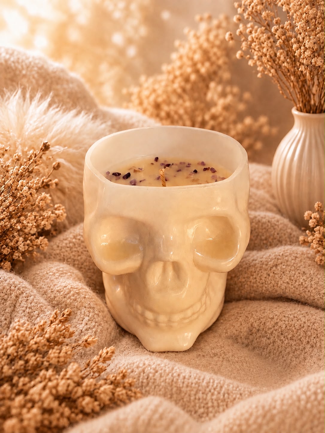 Witte Mystic Soul skull kaars met amethiststeentjes