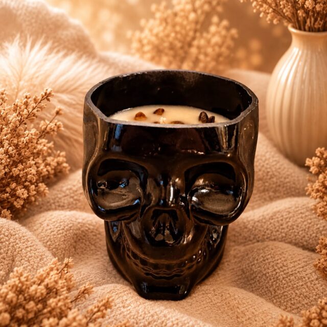 Zwarte Mystic Soul skull kaars met tijgeroogsteentjes