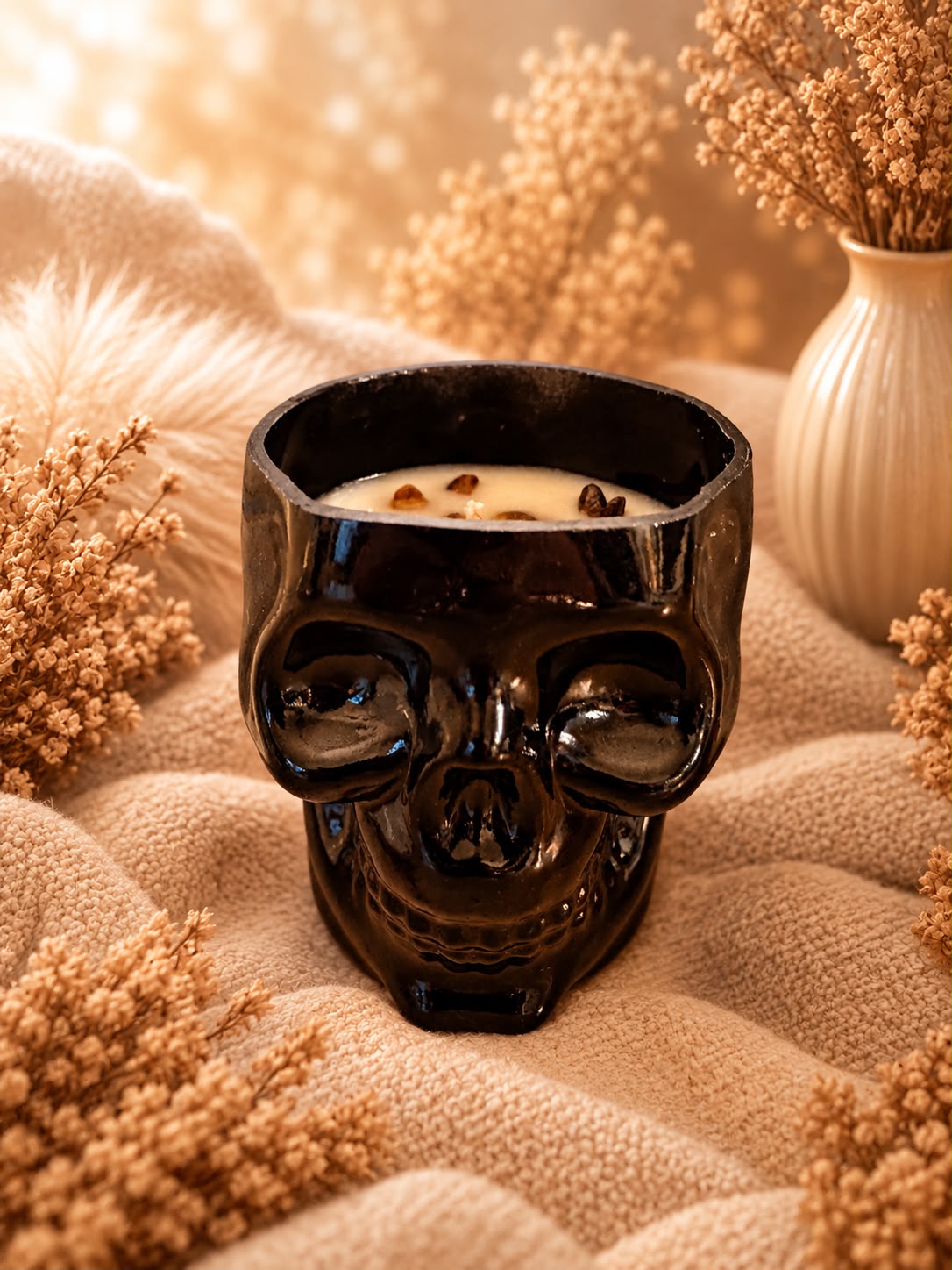 Zwarte Mystic Soul skull kaars met tijgeroogsteentjes