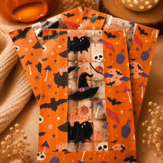 Cozy Crumble waxmelts in oranje herfstverpakking naast keramische branders